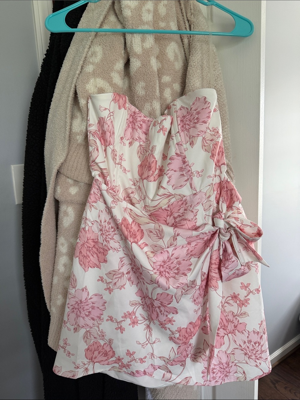 Showpo Pink Floral Strapless Mini Dress on White